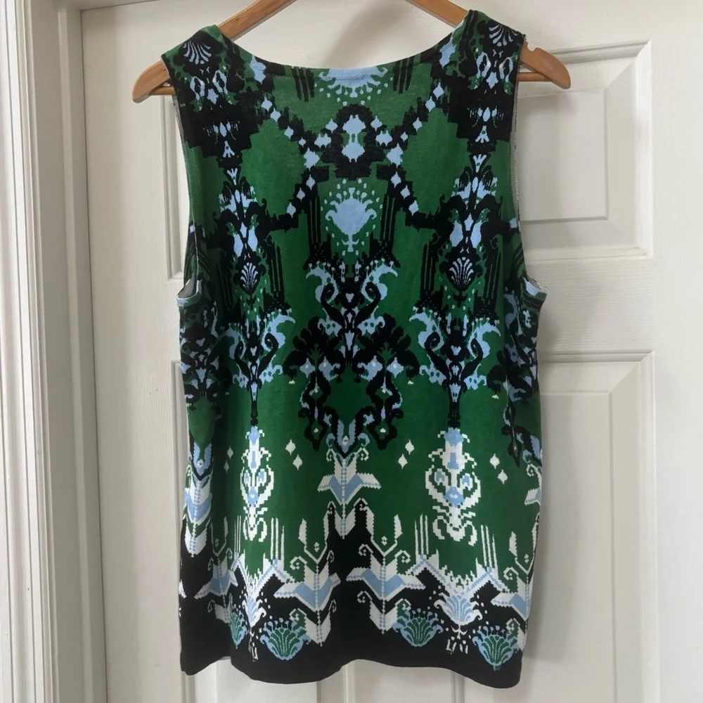 Chico’s Green Ikat Jacquard Linen Cotton Blend Sleeveless Tank Top Size 2 (L)